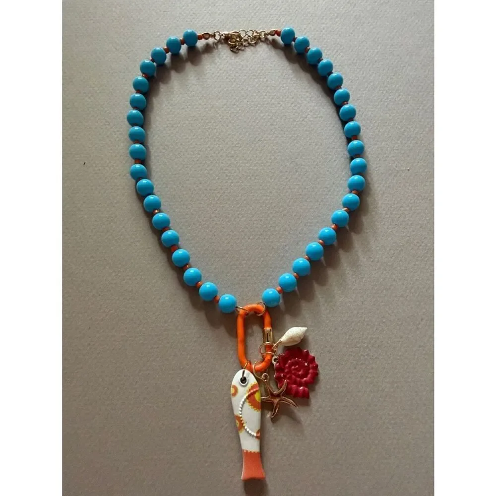Beaded blue Necklace with Sea Charm A1899